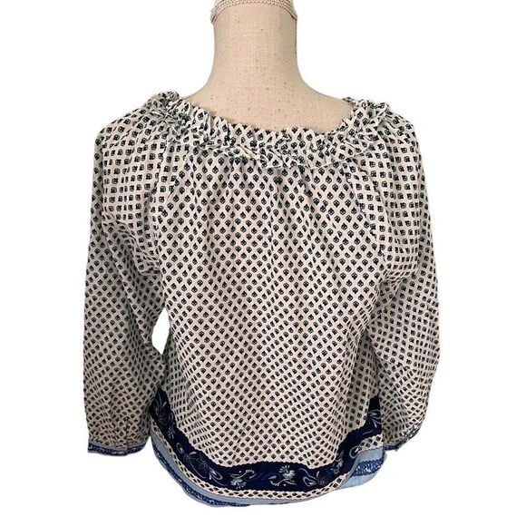 J.CREW white with blue ribbon block print tie-front ruffle top S - Picture 6 of 11